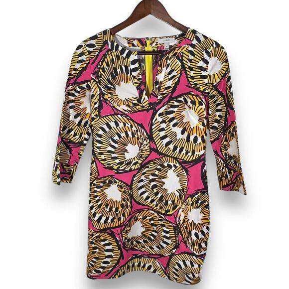 J Crew Cotton Tunic Dress Electric Kiwi Print V Neck 3/4 Sleeve 00 - Picture 2 of 12